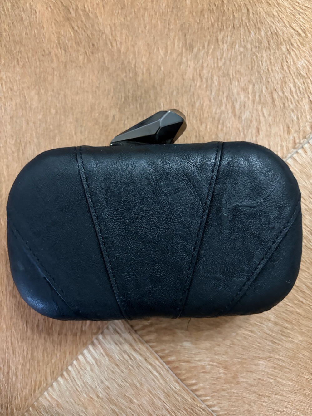 Black Faux Leather Mini Bag with Geometric Metal Pull